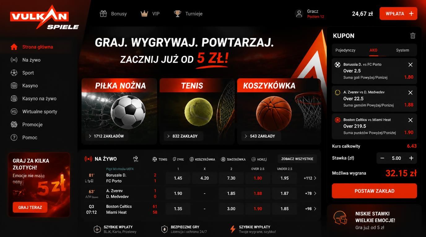 Interfejs z zakładami sportowymi, elementy low-stake, piłka, tenis, koszykówka