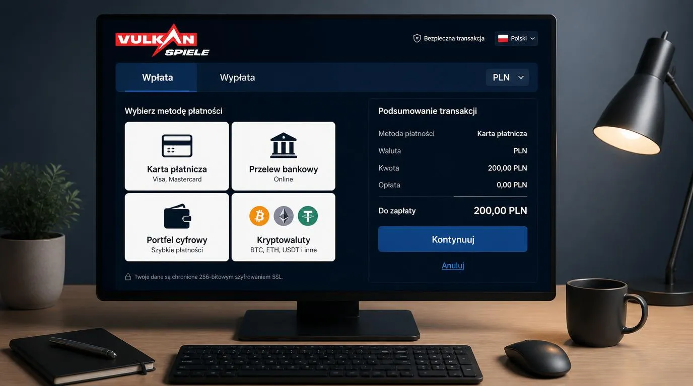 Panel kasy w języku polskim z wyborem PLN, metod płatności oraz zakładkami wpłaty i wypłaty