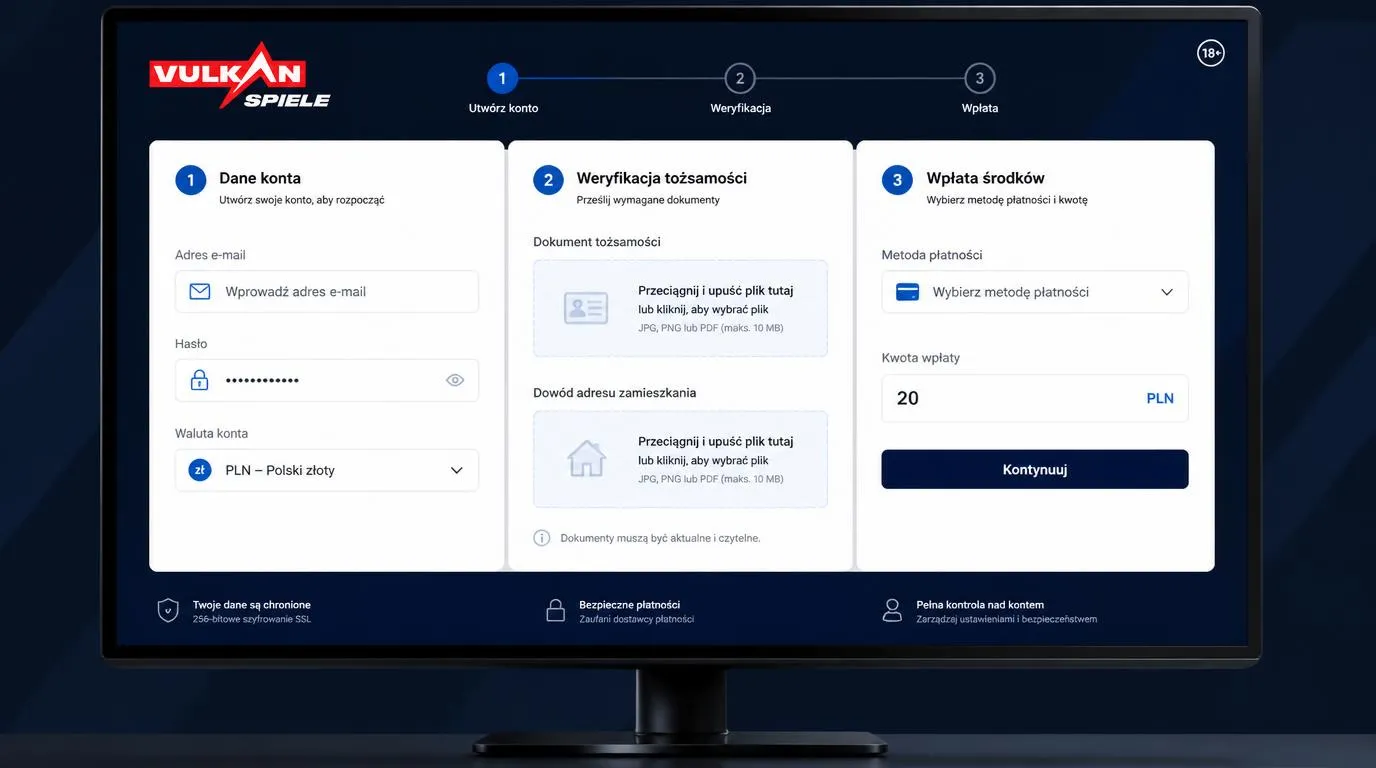 Panel rejestracji konta z etapami weryfikacji dokumentów i pierwszego depozytu w PLN