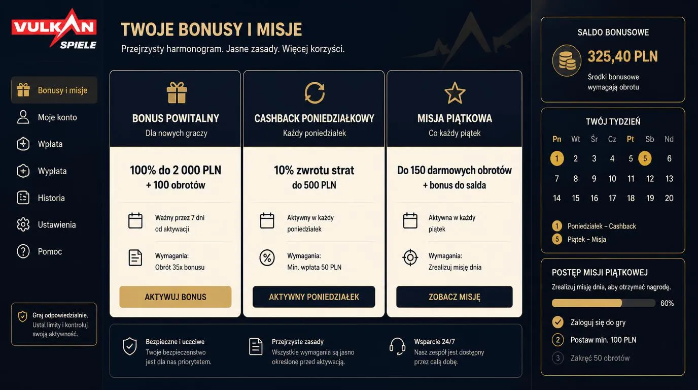 Panel promocji kasyna z bonusem powitalnym, poniedziałkowym cashbackiem i piątkowymi nagrodami za misje