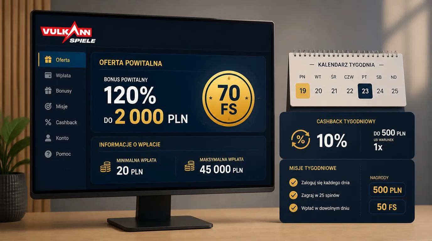 Panel promocji z bonusem 120% do 2 000 PLN, 70 darmowymi spinami i kalendarzem nagród tygodniowych