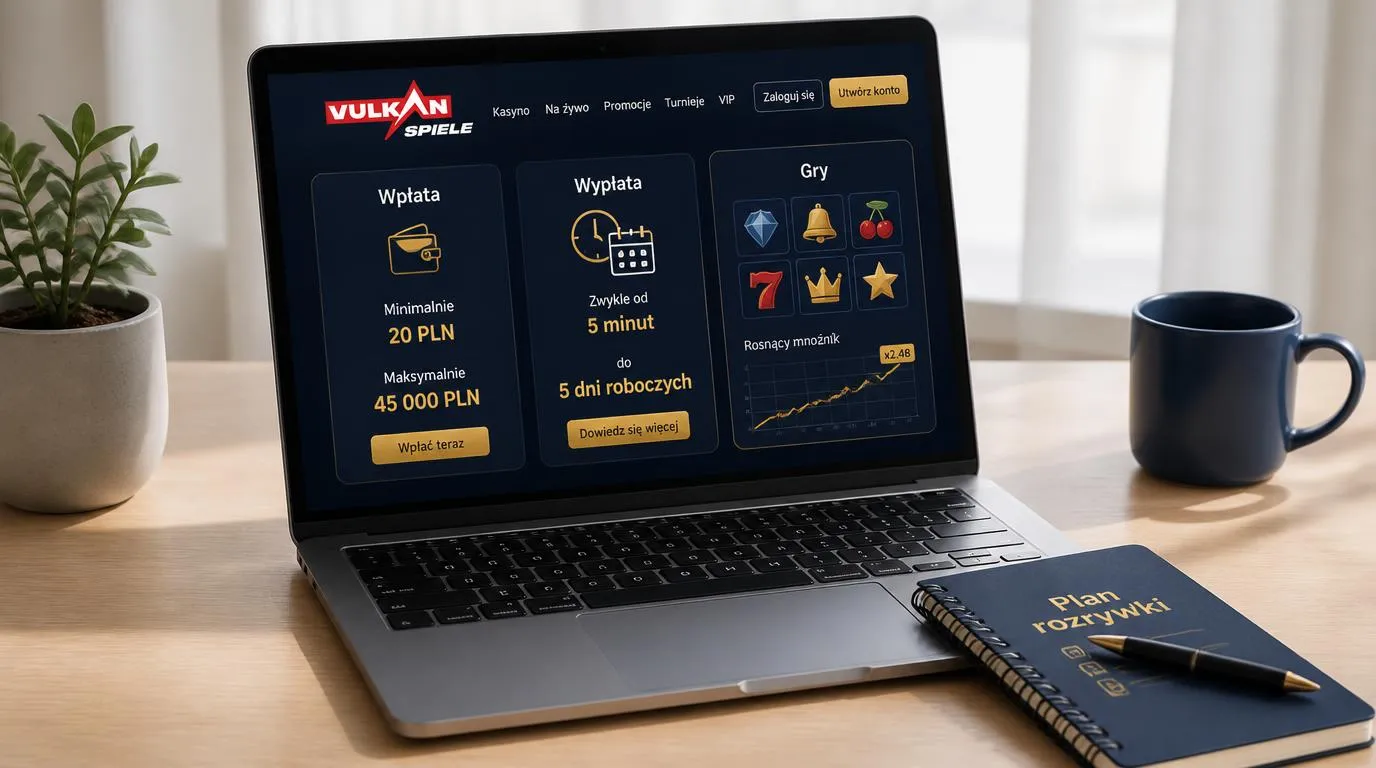 Laptop z katalogiem gier kasynowych oraz panelem wpłat i wypłat w złotych